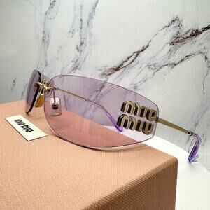 New MIU MIU Sunglasses Pale Gold Pink Lens Wrap Rimless AUTHENTIC Runway 2025